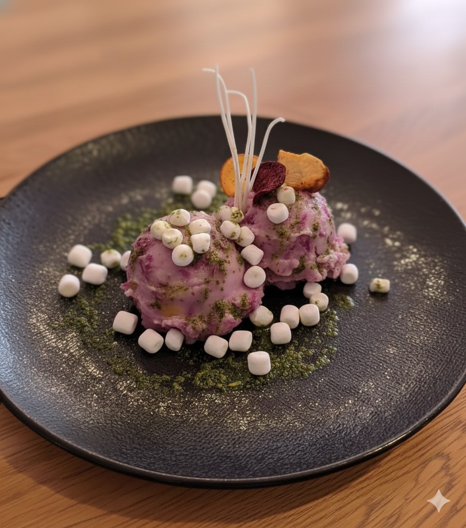 Rodekool met appel, geitenkaas en kruidenolie